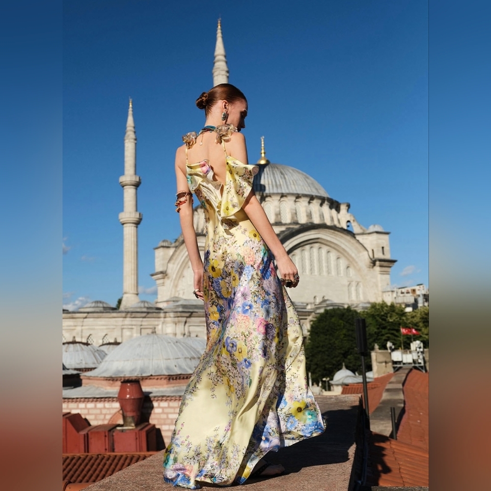 Camilla v neck bias slip dress with back frill in Darling buds - Picture 9 of 16